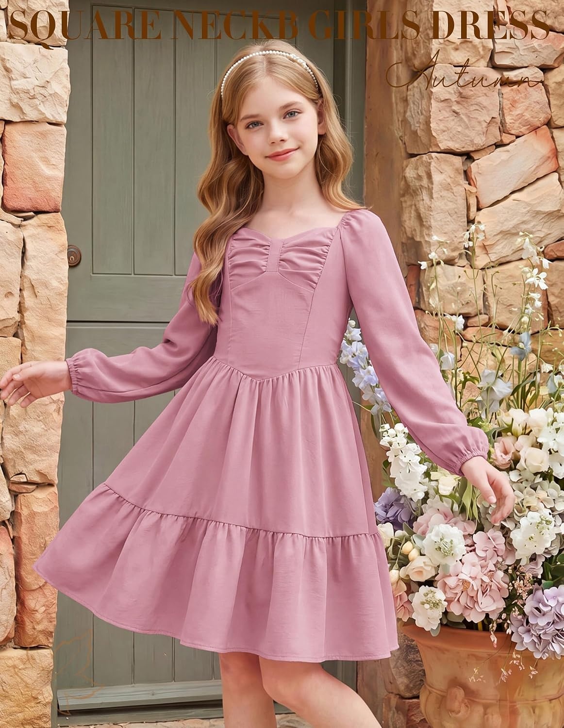 image:imageGRACE KARIN Girls Shirred Long Sleeve Fall Winter Party Holiday Cute DressGray Pink