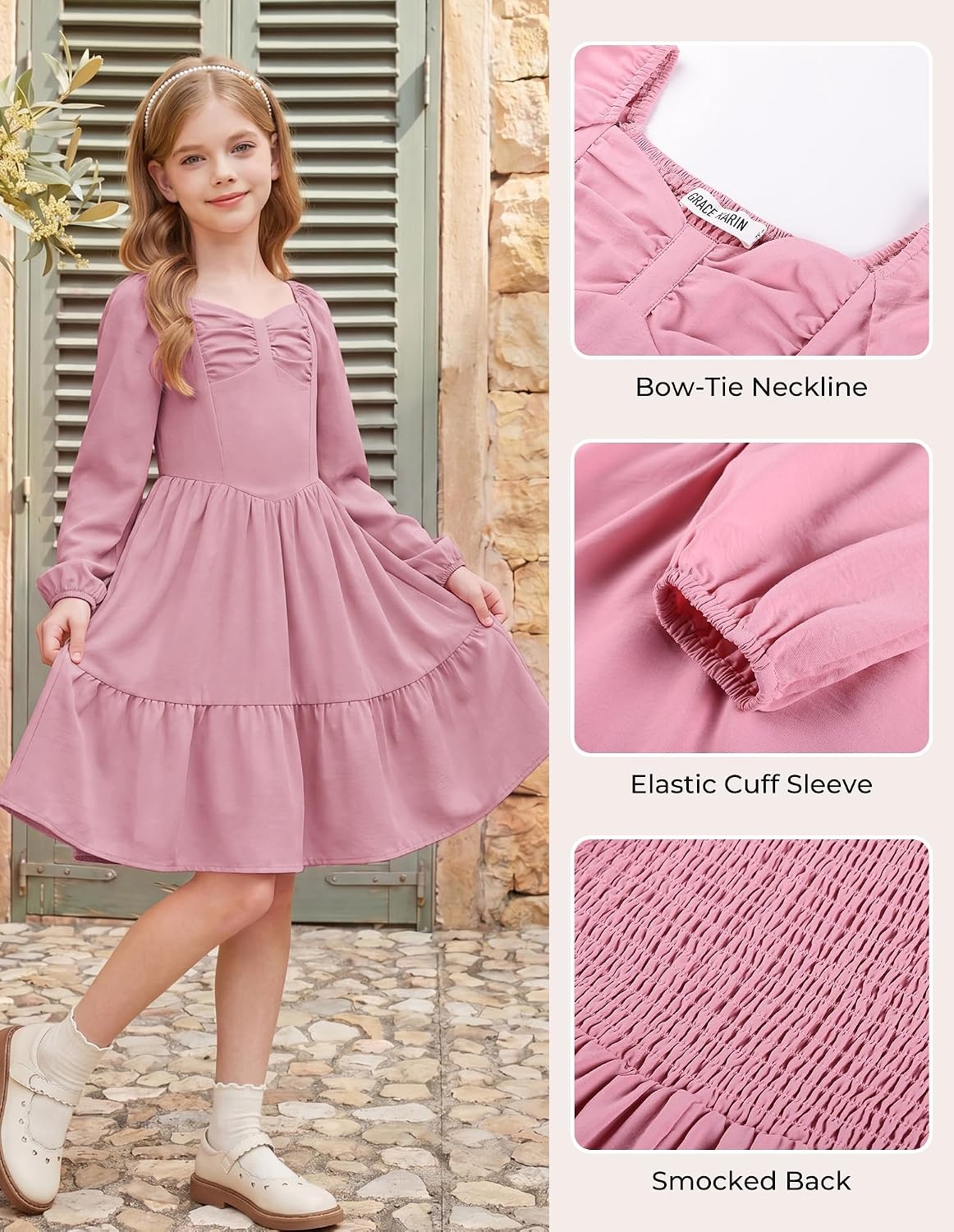 image:imageGRACE KARIN Girls Shirred Long Sleeve Fall Winter Party Holiday Cute DressGray Pink