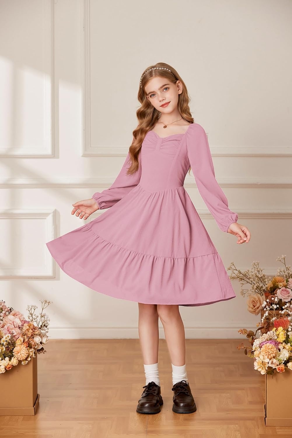 image:imageGRACE KARIN Girls Shirred Long Sleeve Fall Winter Party Holiday Cute DressGray Pink