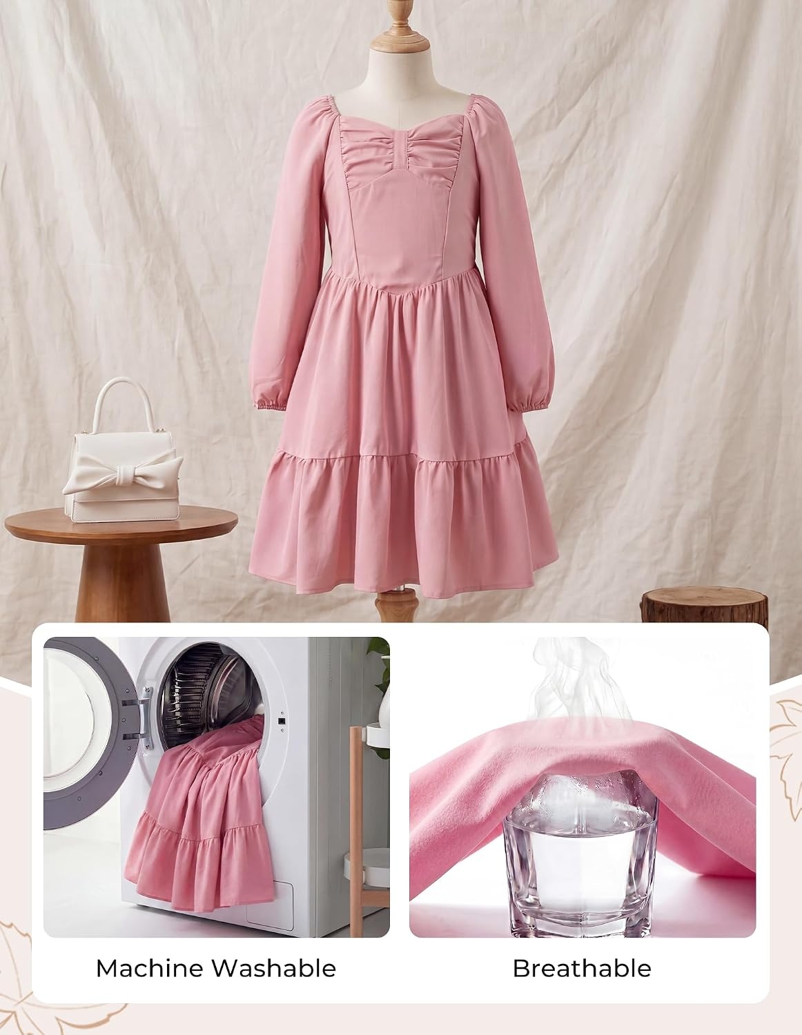 image:imageGRACE KARIN Girls Shirred Long Sleeve Fall Winter Party Holiday Cute DressGray Pink
