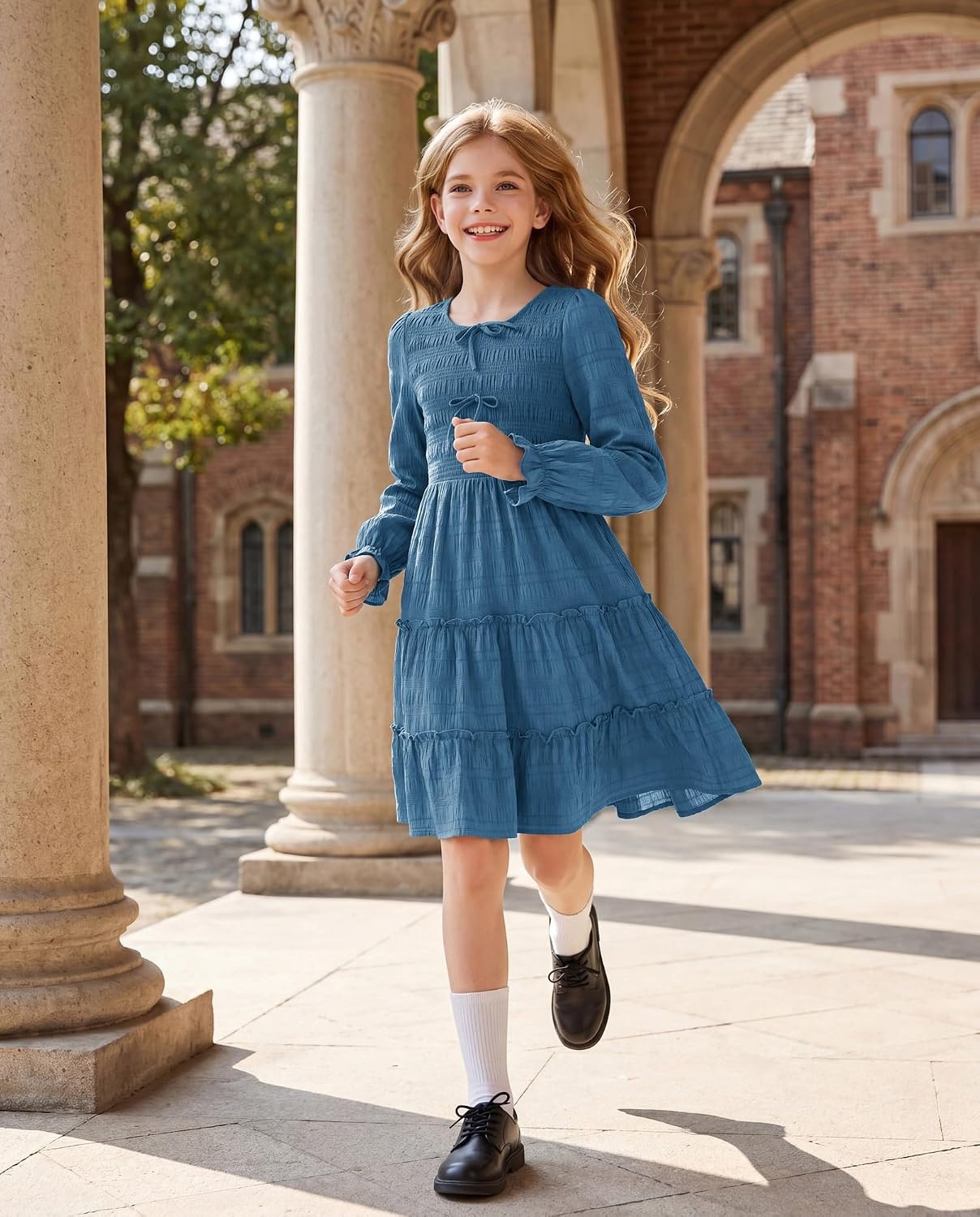 image:imageGRACE KARIN Girls Smocked Tiered Dress Long Sleeve Fall Casual DressesDusty Blue