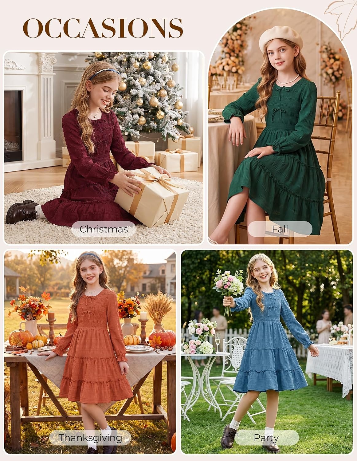 image:imageGRACE KARIN Girls Smocked Tiered Dress Long Sleeve Fall Casual DressesDusty Blue