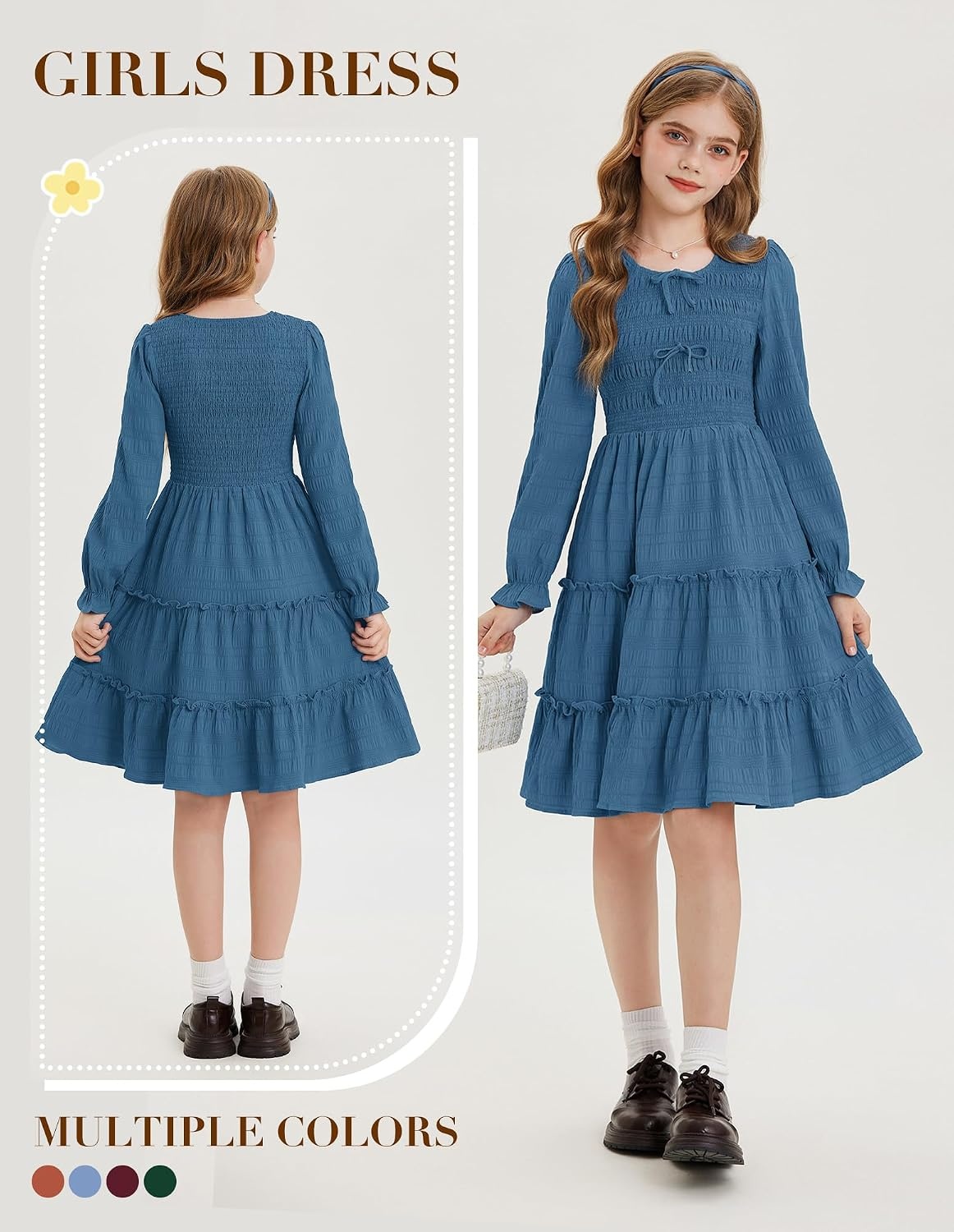 image:imageGRACE KARIN Girls Smocked Tiered Dress Long Sleeve Fall Casual DressesDusty Blue