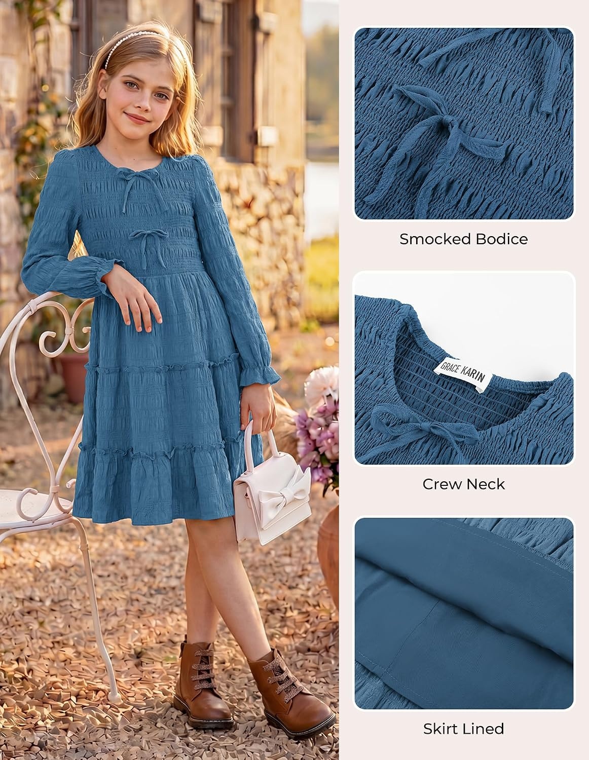 image:imageGRACE KARIN Girls Smocked Tiered Dress Long Sleeve Fall Casual DressesDusty Blue