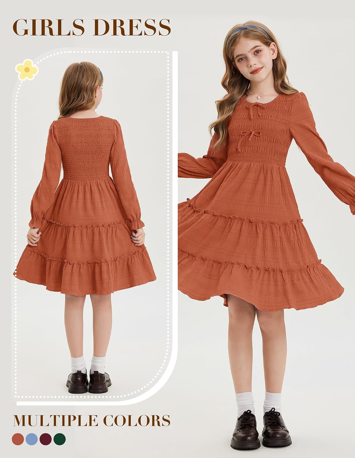 image:imageGRACE KARIN Girls Smocked Tiered Dress Long Sleeve Fall Casual DressesOrange