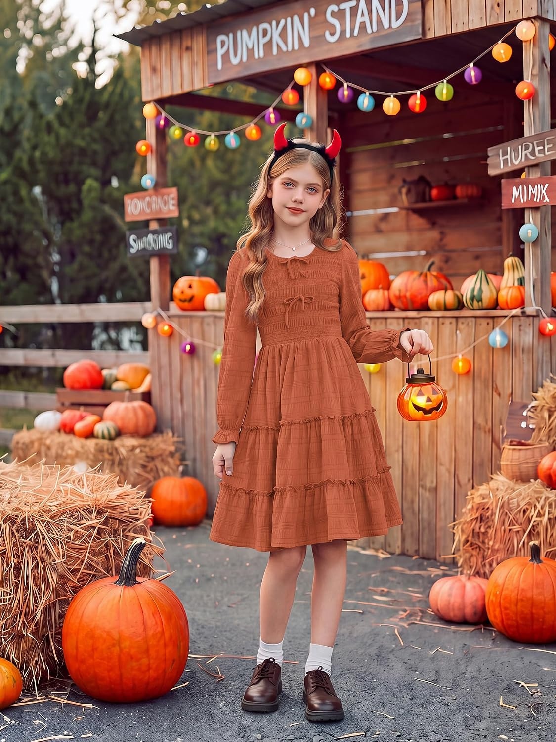 image:imageGRACE KARIN Girls Smocked Tiered Dress Long Sleeve Fall Casual DressesOrange