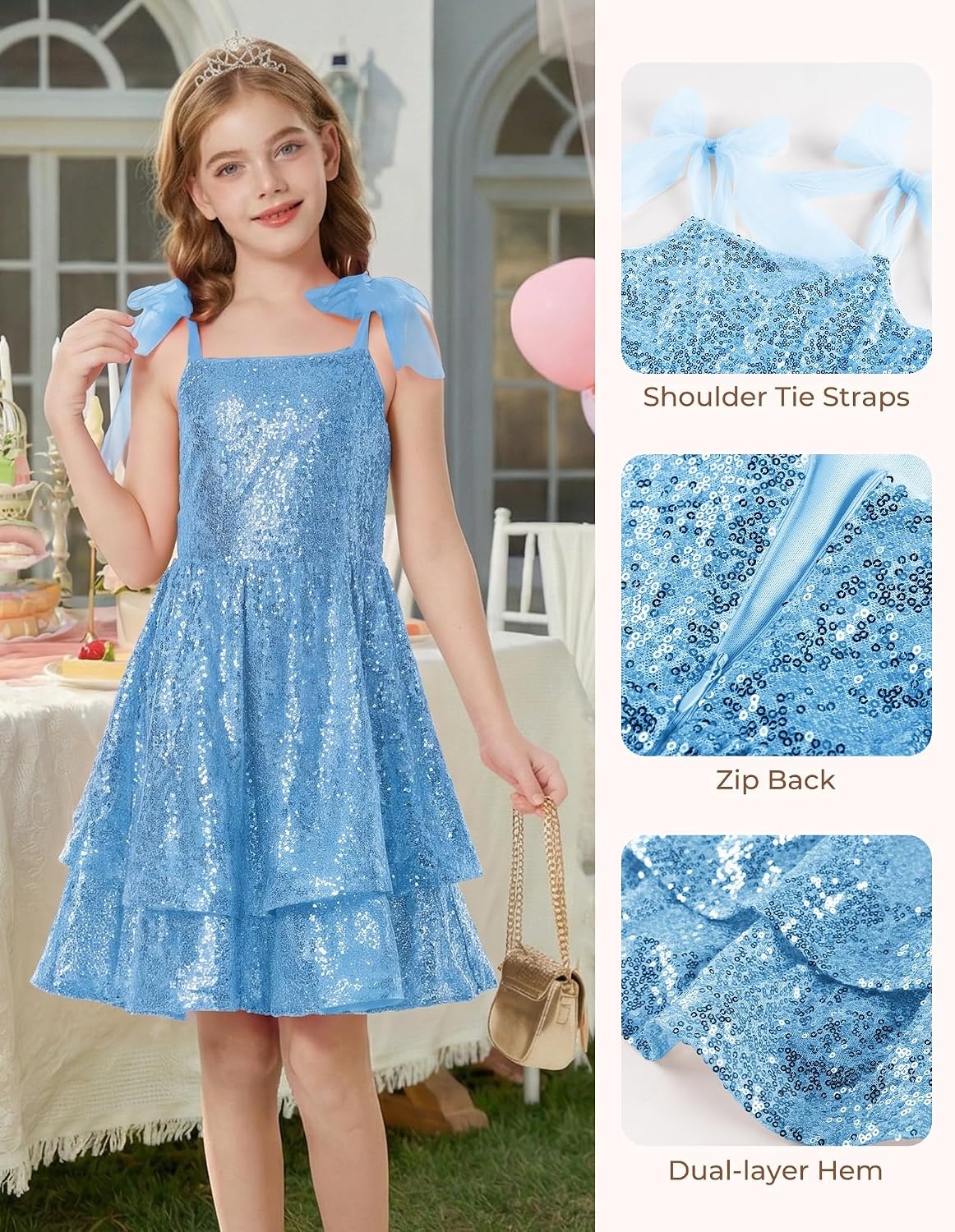 image:imageGRACE KARIN Girls Sparkly Sequin Formal Party Dress Fancy Dance 614YLight Blue
