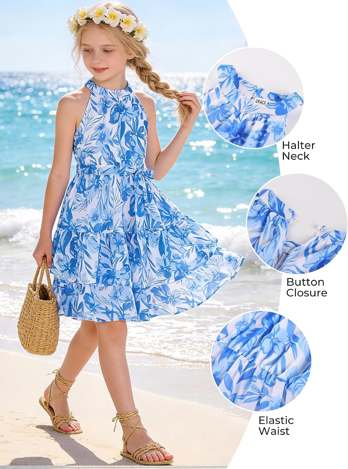 image:imageGRACE KARIN Girls Summer Beach Dress Floral Halter Hawaiian Party VacationBlue