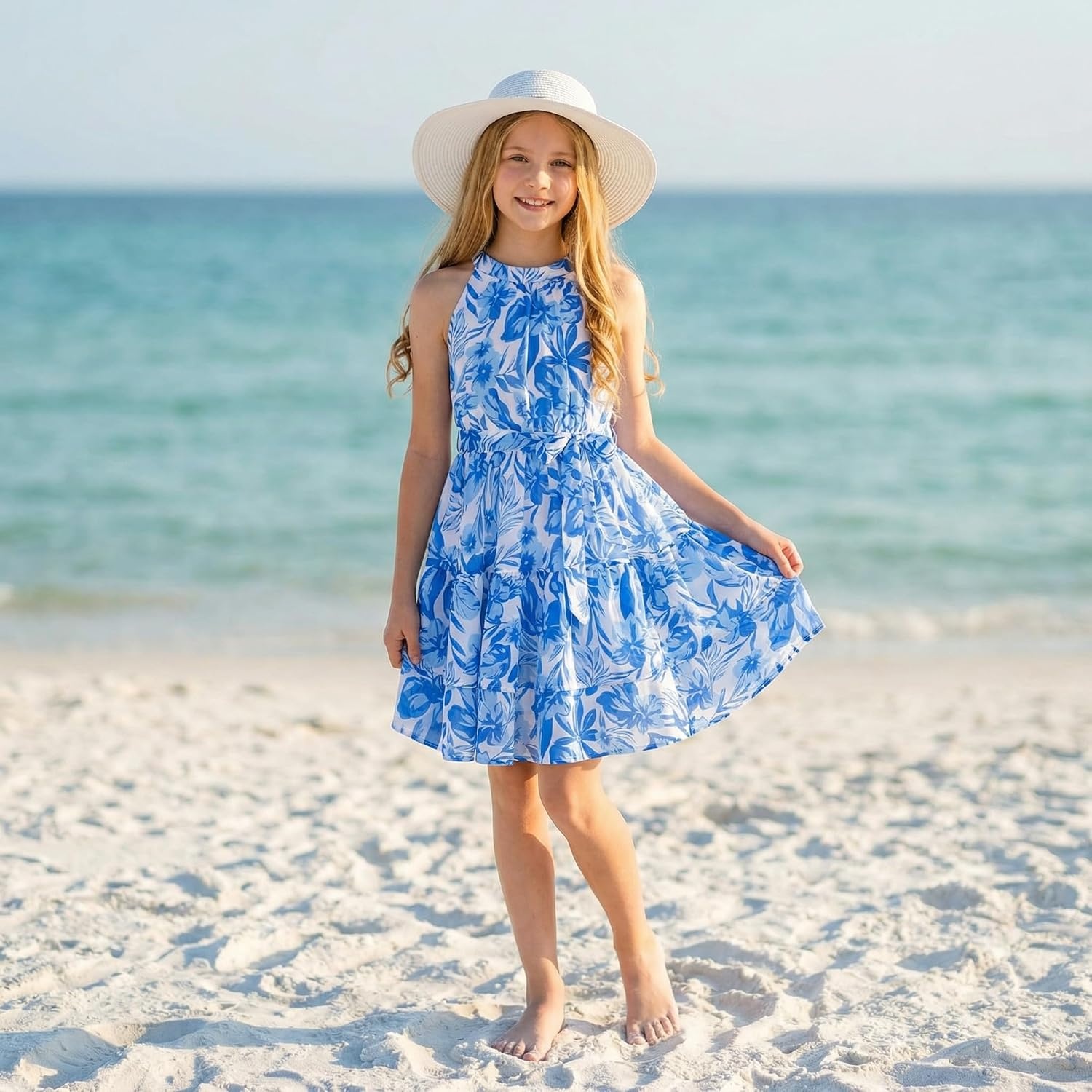 image:imageGRACE KARIN Girls Summer Beach Dress Floral Halter Hawaiian Party VacationBlue