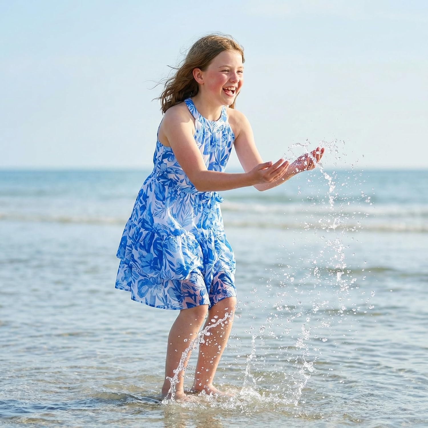 image:imageGRACE KARIN Girls Summer Beach Dress Floral Halter Hawaiian Party VacationBlue
