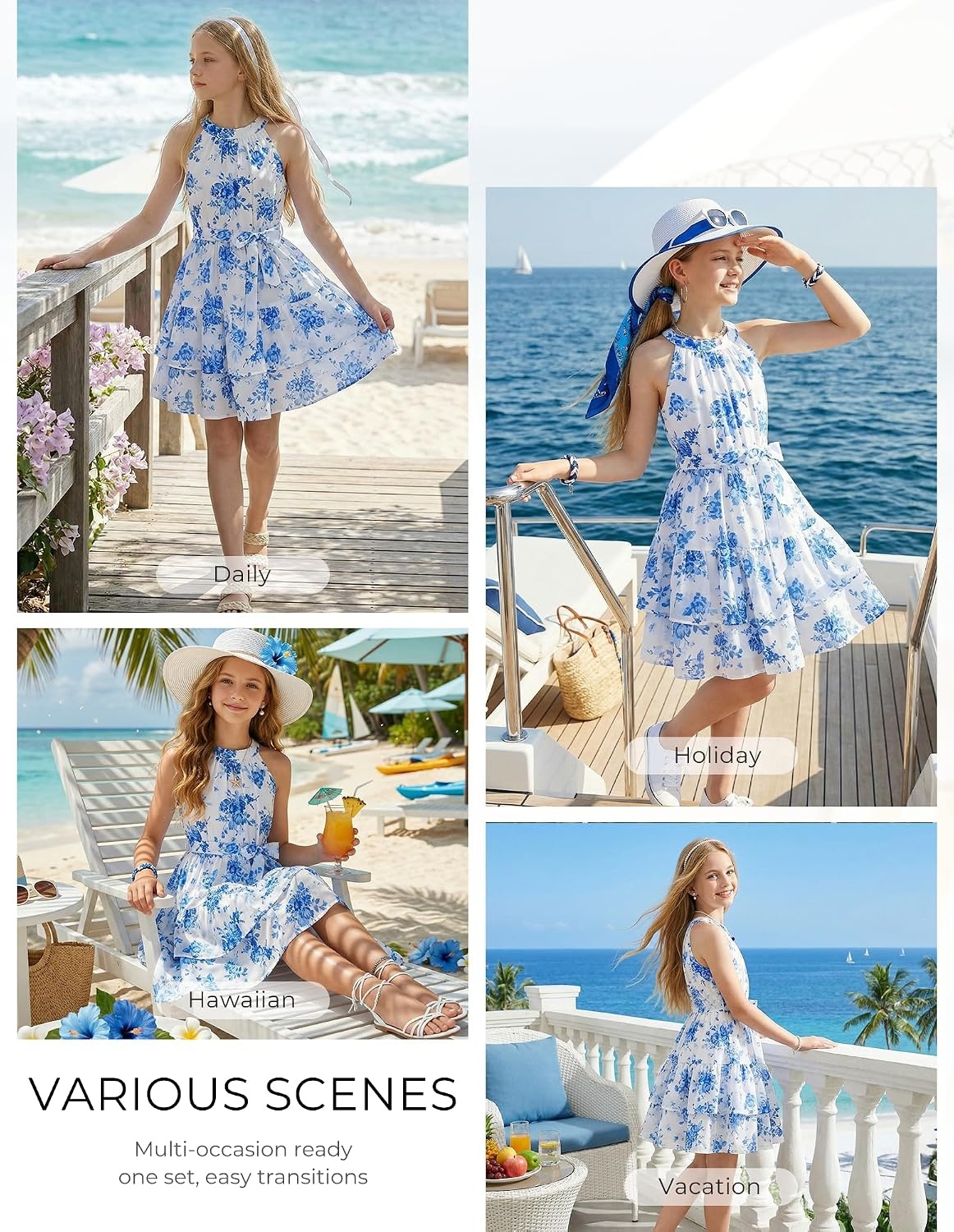 image:imageGRACE KARIN Girls Summer Beach Dress Floral Halter Hawaiian Party VacationBlue Flower
