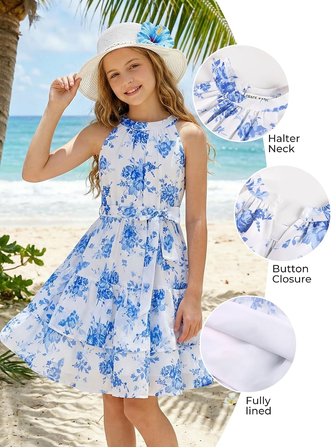 image:imageGRACE KARIN Girls Summer Beach Dress Floral Halter Hawaiian Party VacationBlue Flower