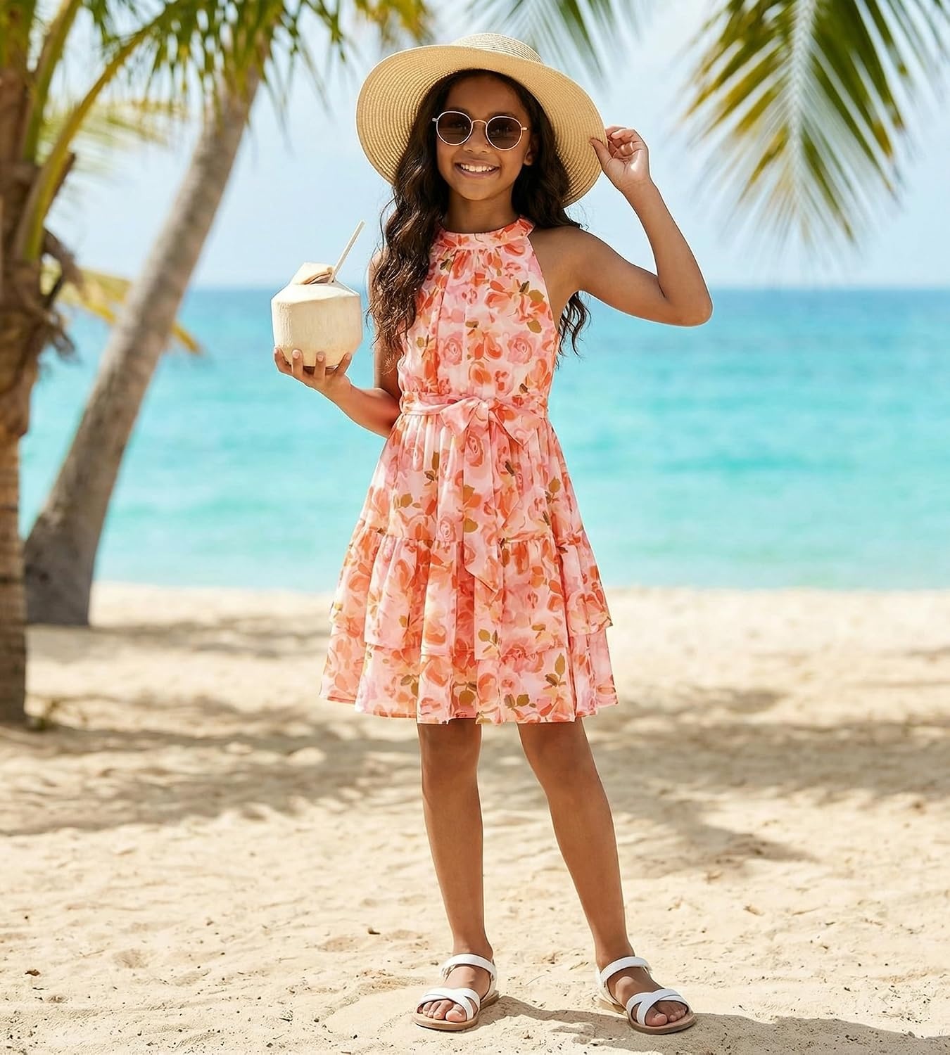 image:imageGRACE KARIN Girls Summer Beach Dress Floral Halter Hawaiian Party VacationBright Orange Floral