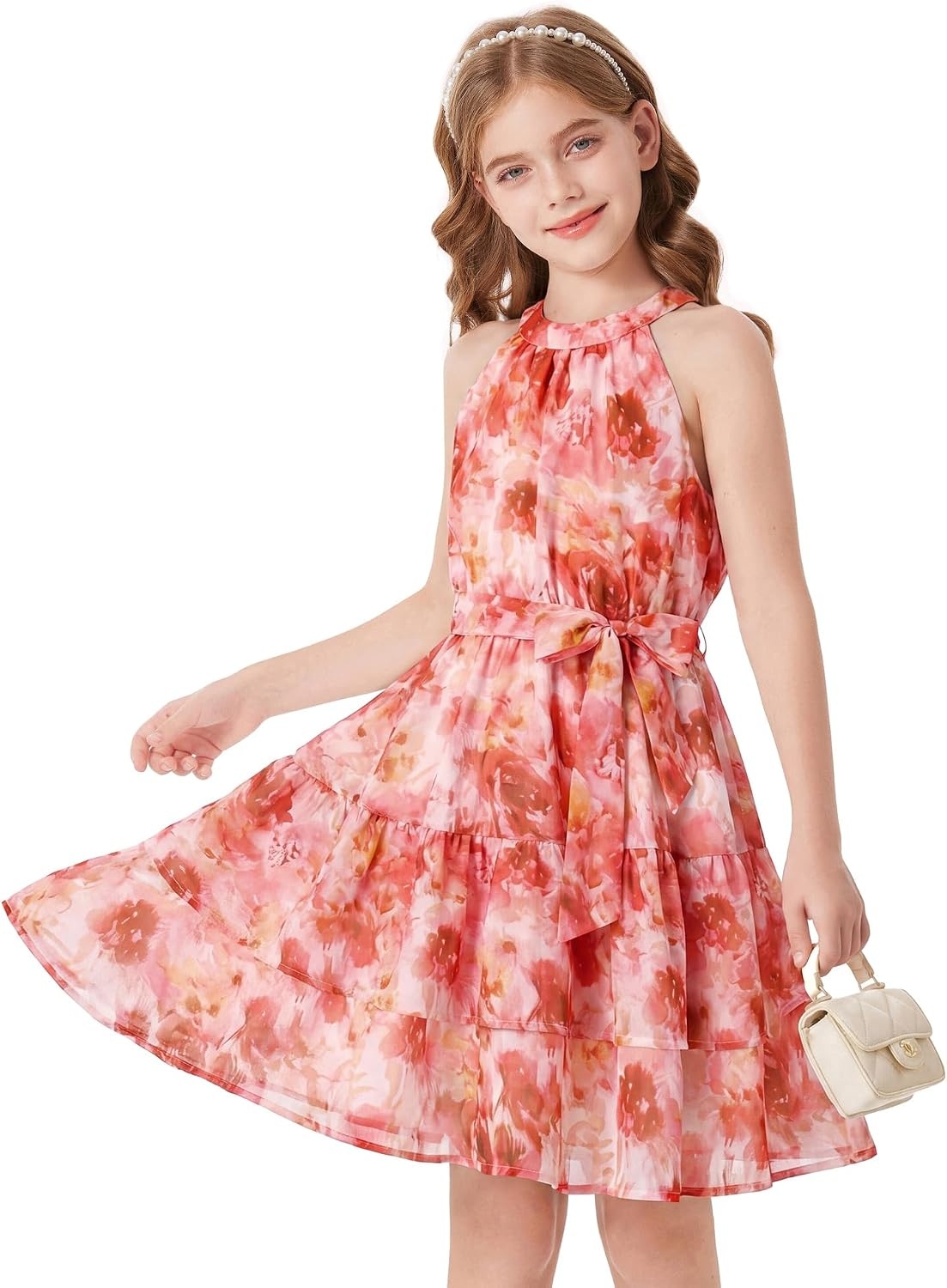 image:imageGRACE KARIN Girls Summer Beach Dress Floral Halter Hawaiian Party VacationBurnt Orange Floral