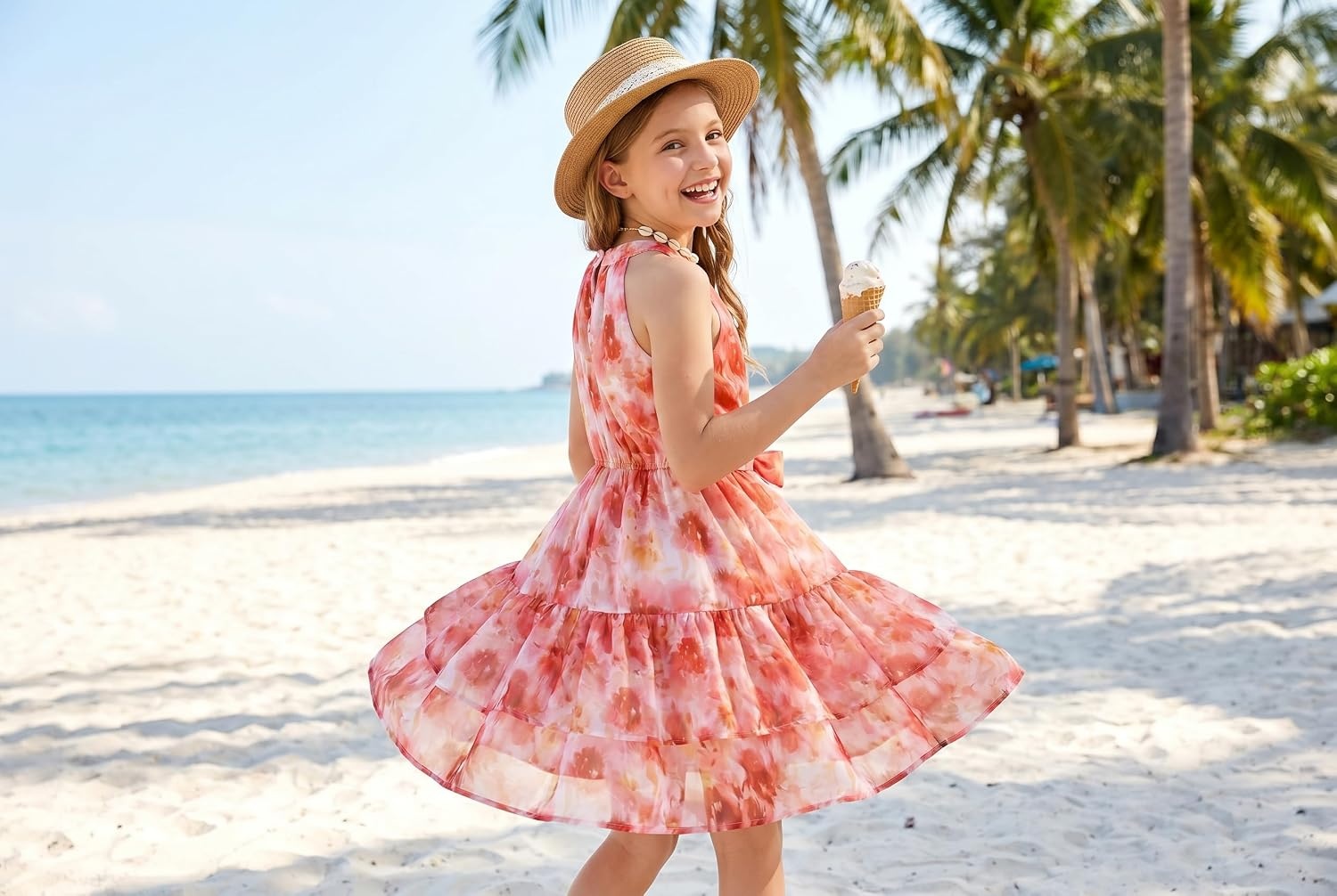 image:imageGRACE KARIN Girls Summer Beach Dress Floral Halter Hawaiian Party VacationBurnt Orange Floral