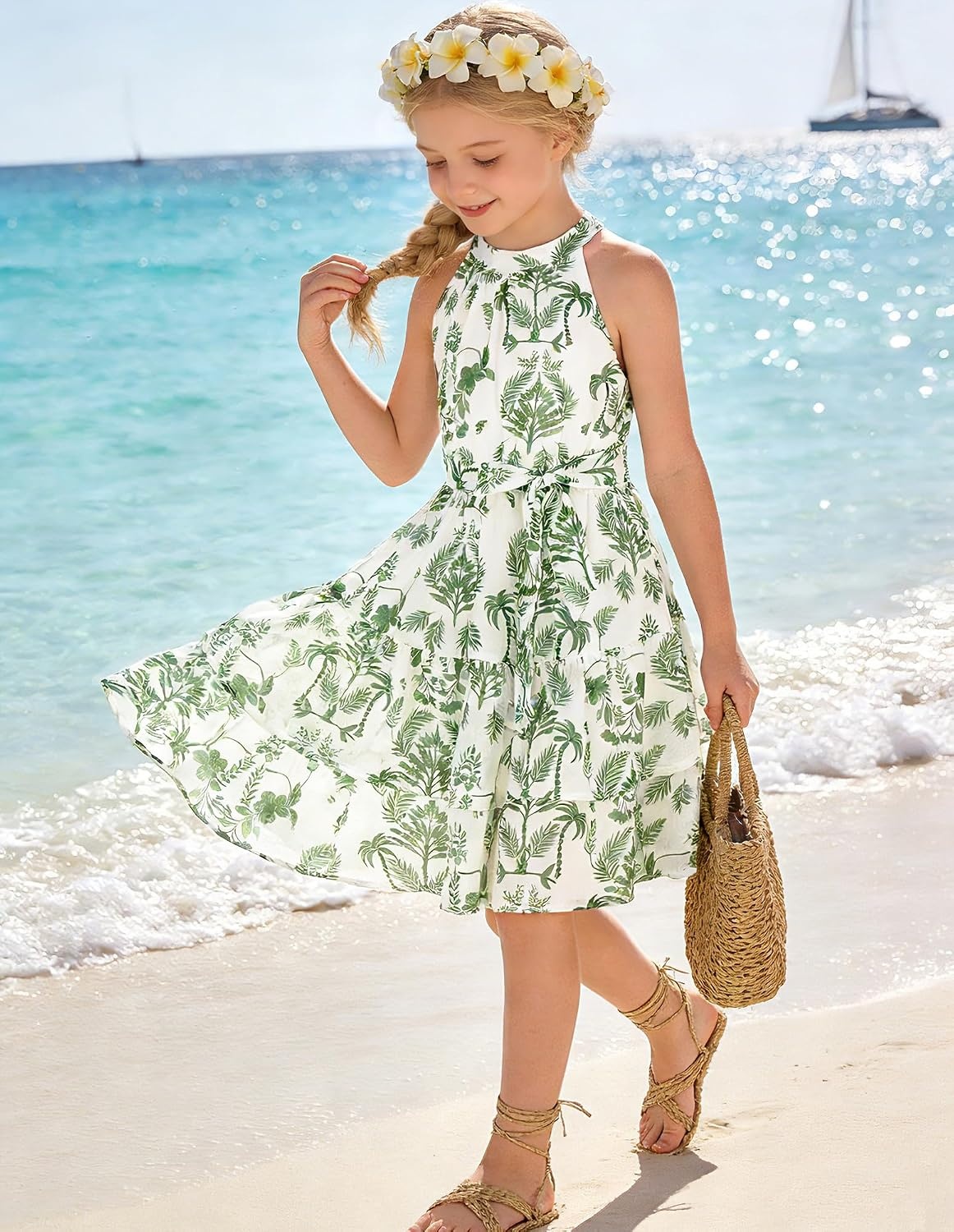 image:imageGRACE KARIN Girls Summer Beach Dress Floral Halter Hawaiian Party VacationGreen