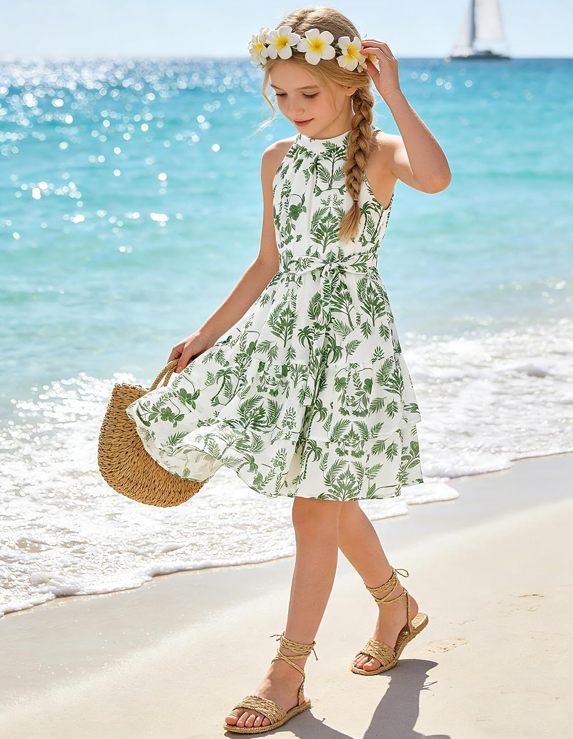 image:imageGRACE KARIN Girls Summer Beach Dress Floral Halter Hawaiian Party VacationGreen