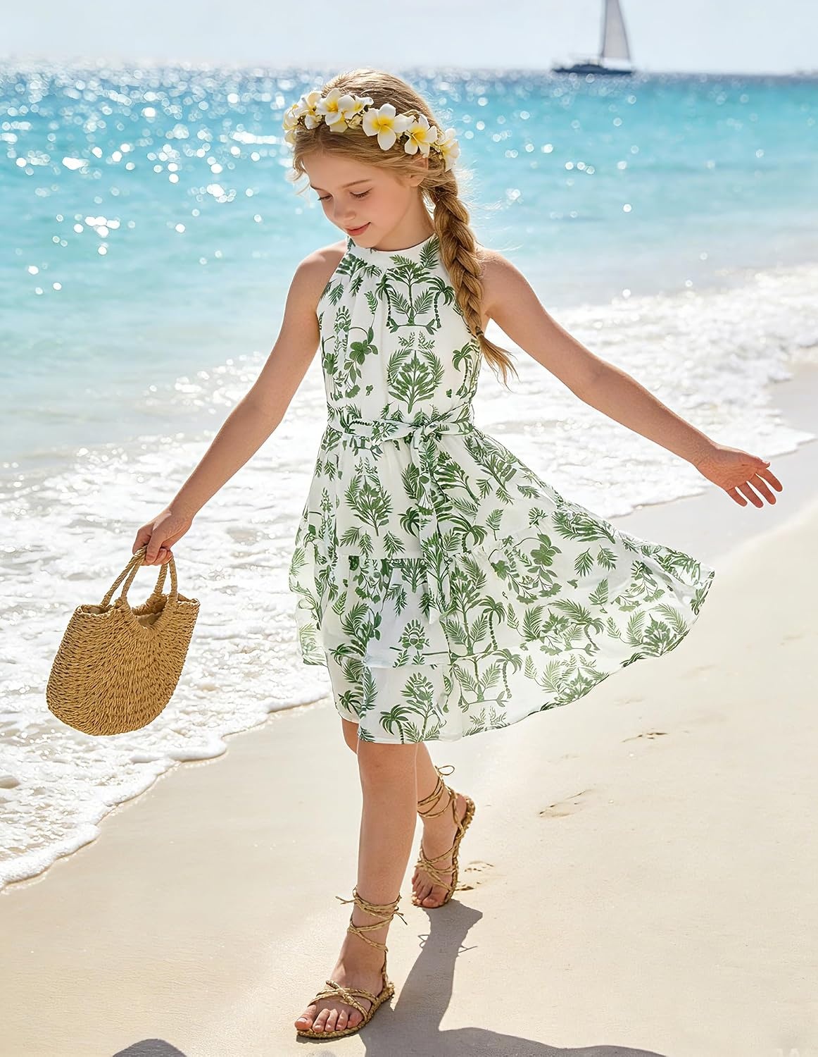 image:imageGRACE KARIN Girls Summer Beach Dress Floral Halter Hawaiian Party VacationGreen