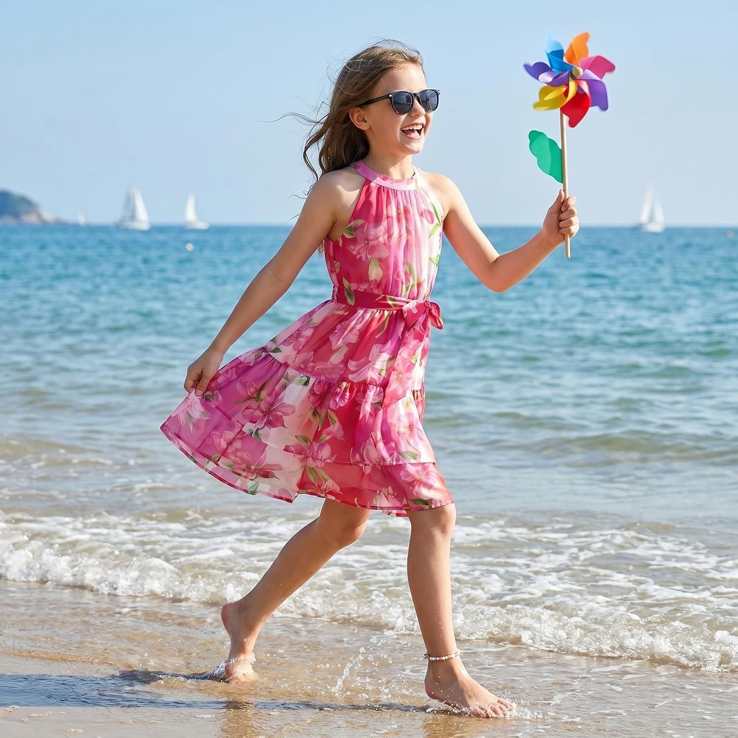 image:imageGRACE KARIN Girls Summer Beach Dress Floral Halter Hawaiian Party VacationHot Pink Ombre Floral