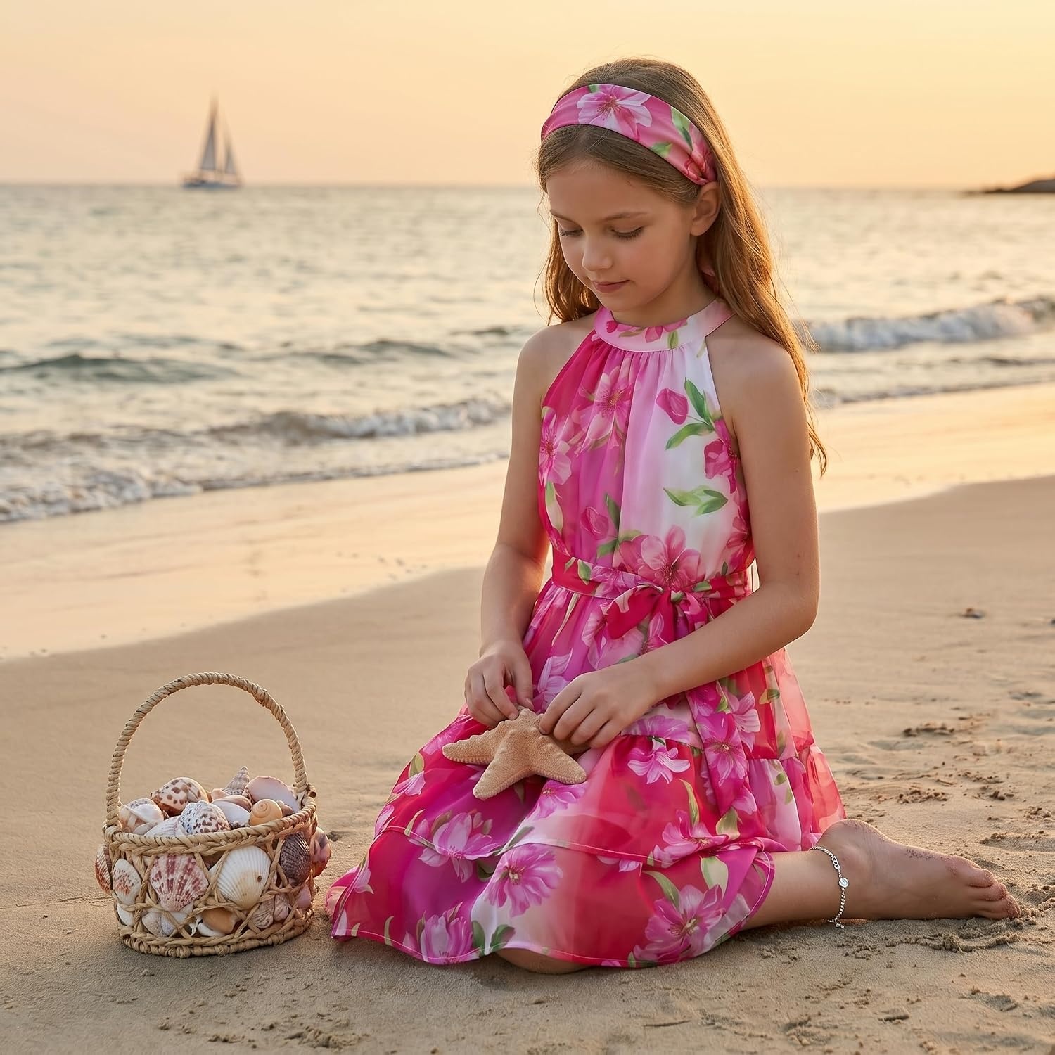image:imageGRACE KARIN Girls Summer Beach Dress Floral Halter Hawaiian Party VacationHot Pink Ombre Floral