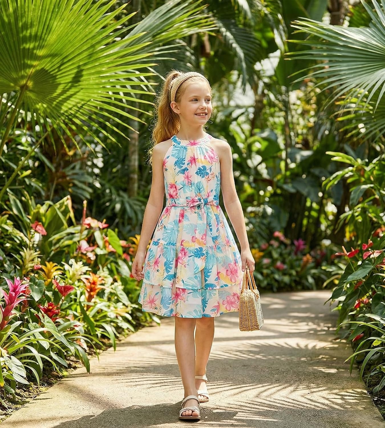 image:imageGRACE KARIN Girls Summer Beach Dress Floral Halter Hawaiian Party VacationLeaf Green Pink Floral