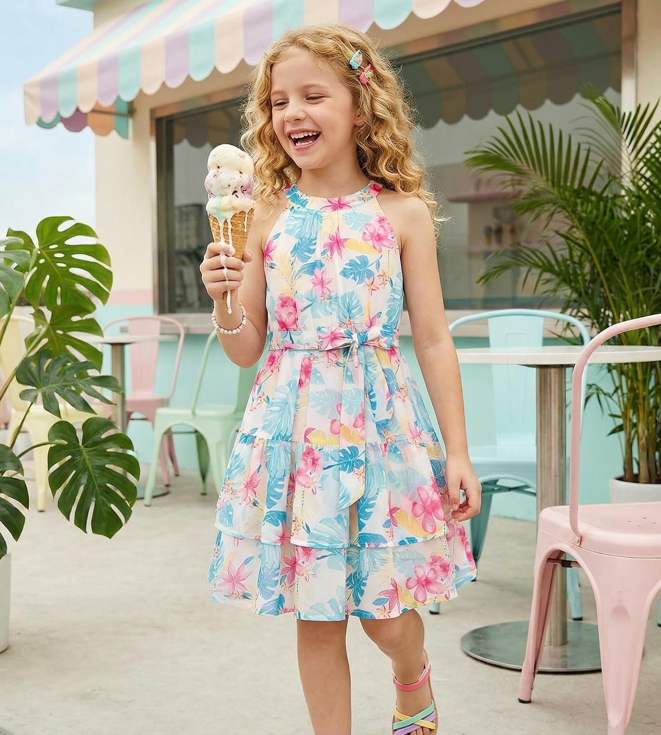 image:imageGRACE KARIN Girls Summer Beach Dress Floral Halter Hawaiian Party VacationLeaf Green Pink Floral