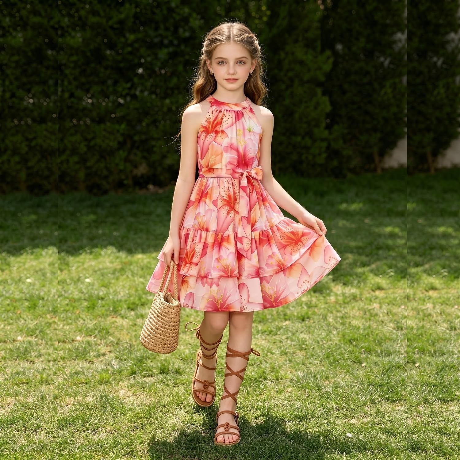 image:imageGRACE KARIN Girls Summer Beach Dress Floral Halter Hawaiian Party VacationOrangetoned Grand Floral