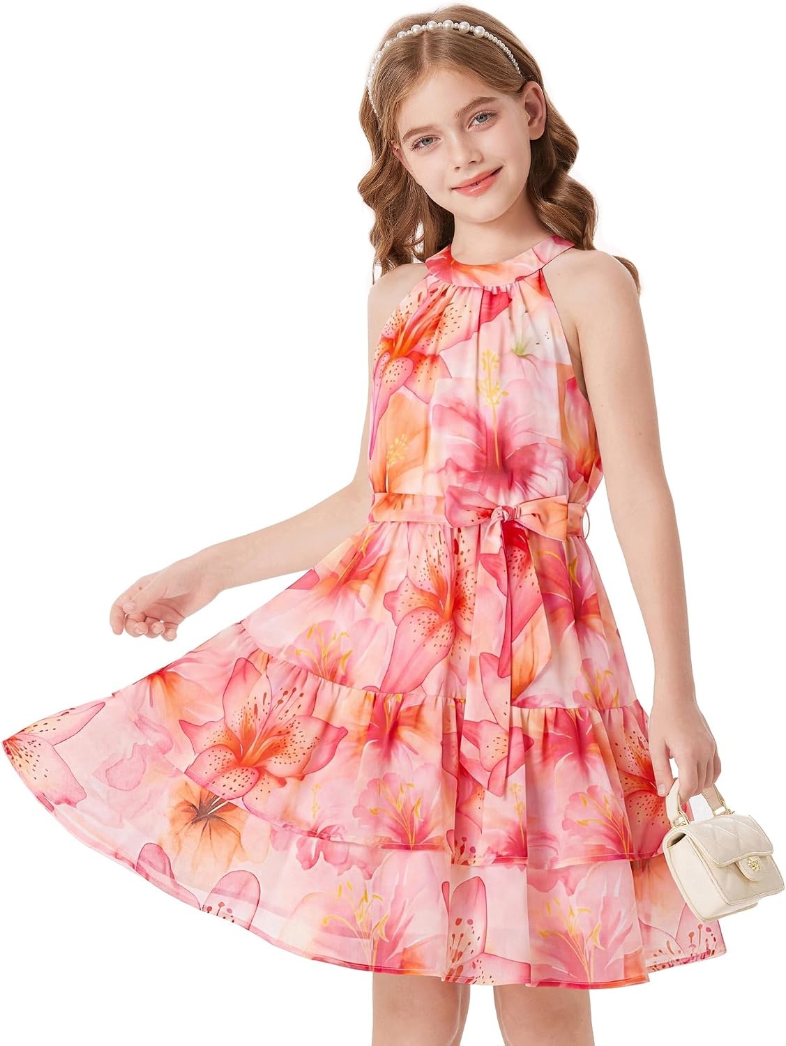image:imageGRACE KARIN Girls Summer Beach Dress Floral Halter Hawaiian Party VacationOrangetoned Grand Floral