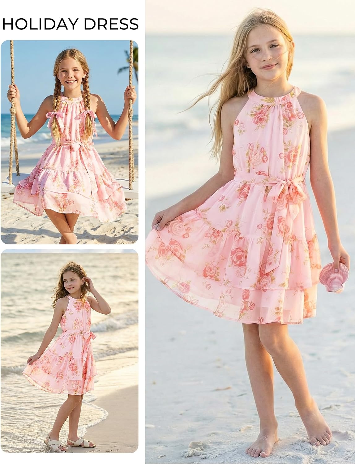 image:imageGRACE KARIN Girls Summer Beach Dress Floral Halter Hawaiian Party VacationPink
