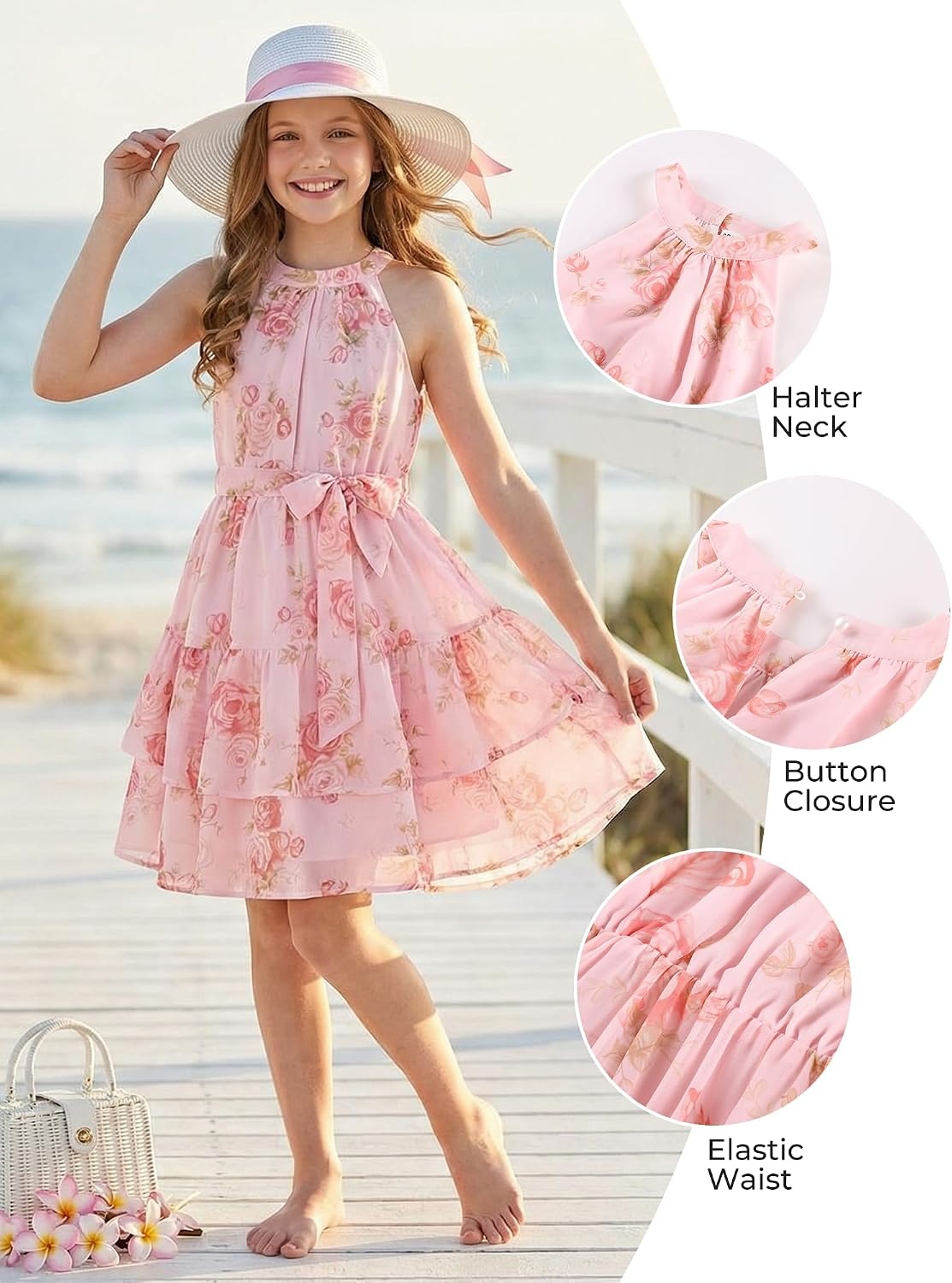 image:imageGRACE KARIN Girls Summer Beach Dress Floral Halter Hawaiian Party VacationPink