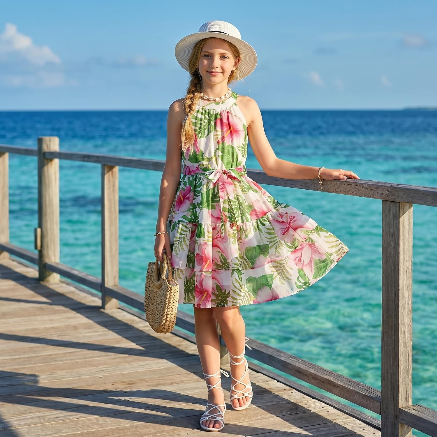 image:imageGRACE KARIN Girls Summer Beach Dress Floral Halter Hawaiian Party VacationTropical Large Foliage
