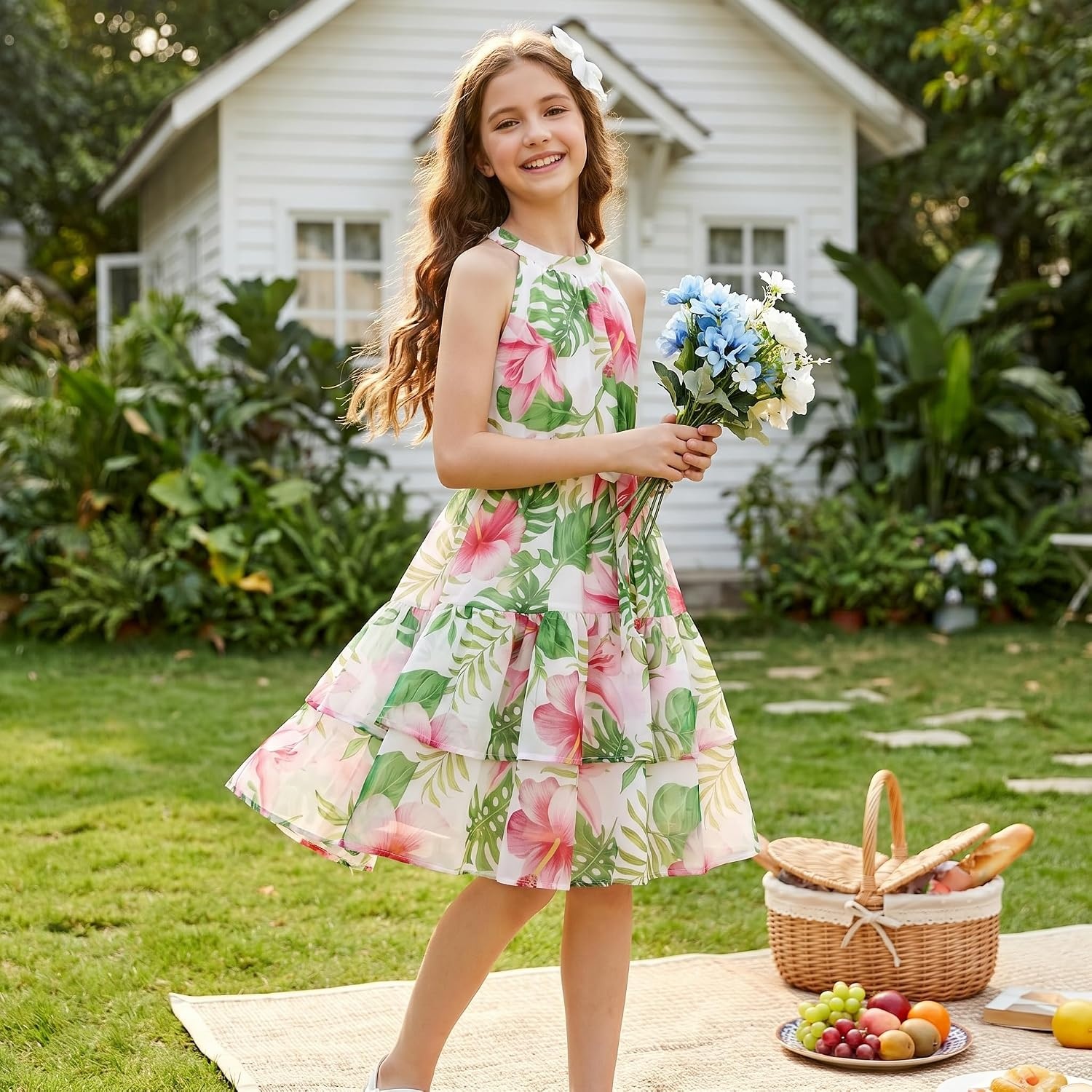 image:imageGRACE KARIN Girls Summer Beach Dress Floral Halter Hawaiian Party VacationTropical Large Foliage