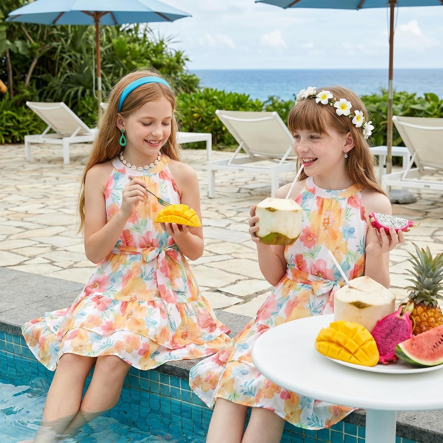 image:imageGRACE KARIN Girls Summer Beach Dress Floral Halter Hawaiian Party VacationWhite Tangerine Floral