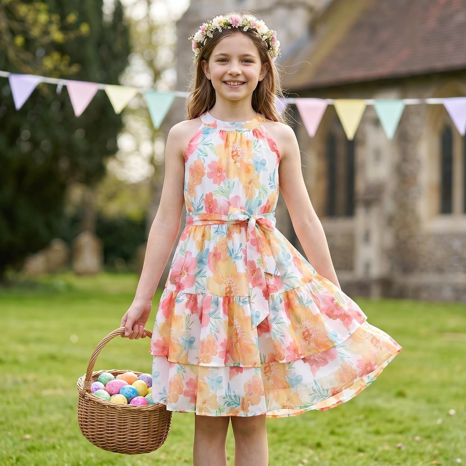 image:imageGRACE KARIN Girls Summer Beach Dress Floral Halter Hawaiian Party VacationWhite Tangerine Floral