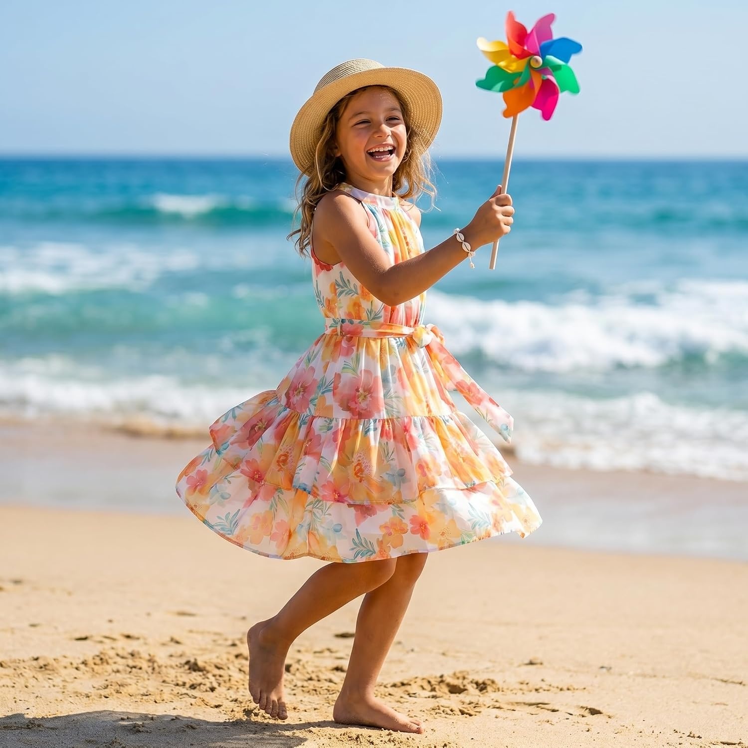 image:imageGRACE KARIN Girls Summer Beach Dress Floral Halter Hawaiian Party VacationWhite Tangerine Floral