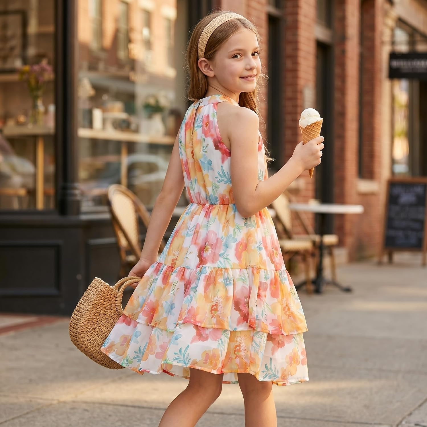 image:imageGRACE KARIN Girls Summer Beach Dress Floral Halter Hawaiian Party VacationWhite Tangerine Floral