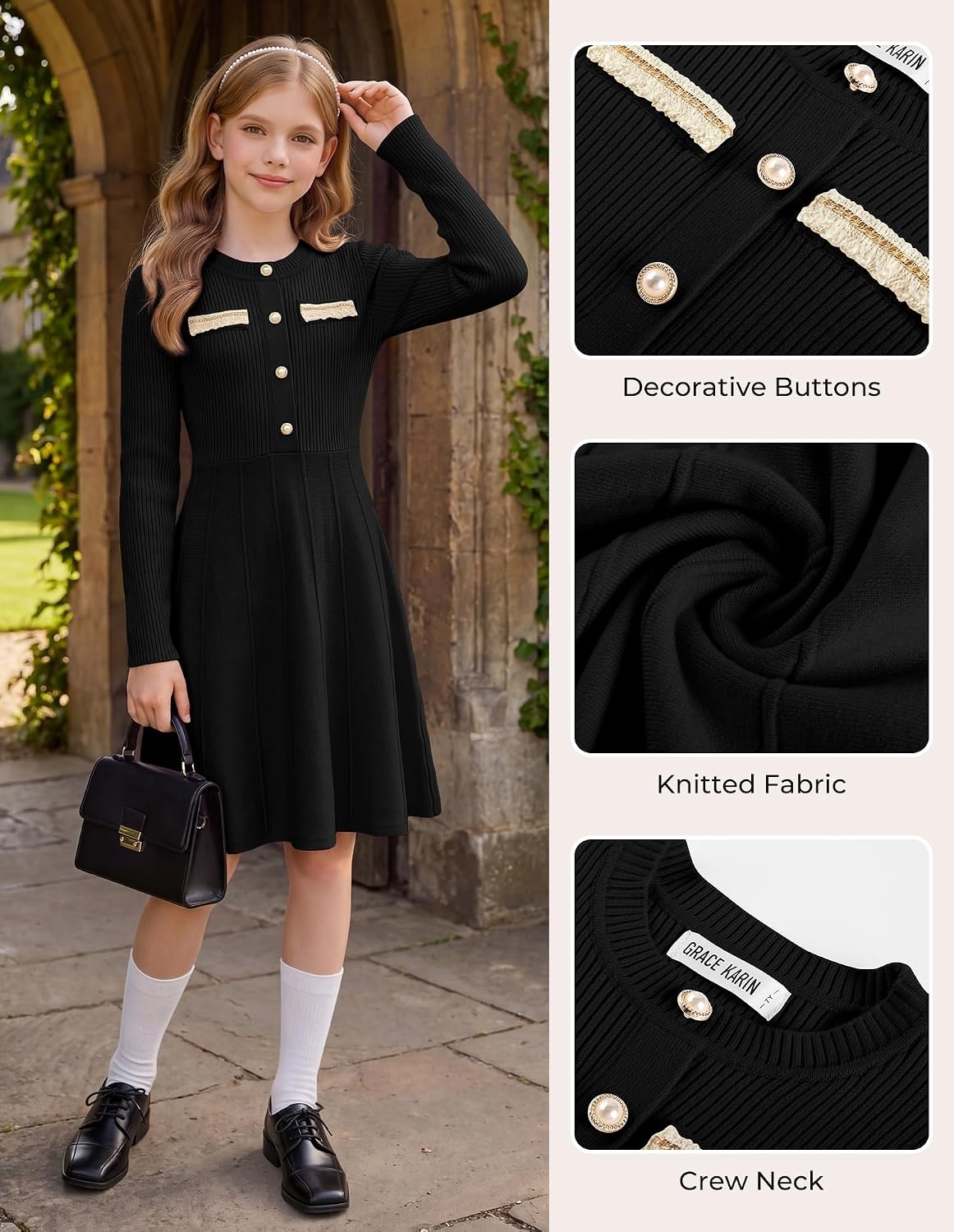 image:imageGRACE KARIN Girls Sweater Dress Long Sleeve Fall Knit Dresses 714 YearsBlack