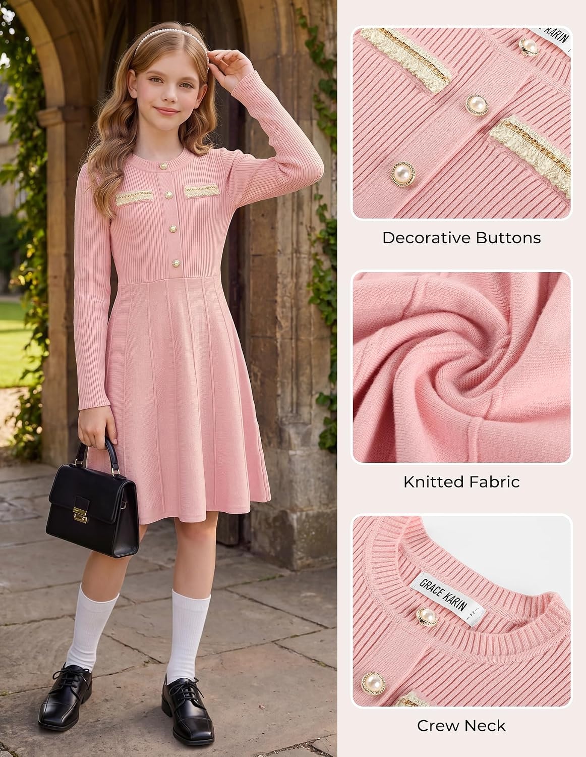 image:imageGRACE KARIN Girls Sweater Dress Long Sleeve Fall Knit Dresses 714 YearsLight Pink