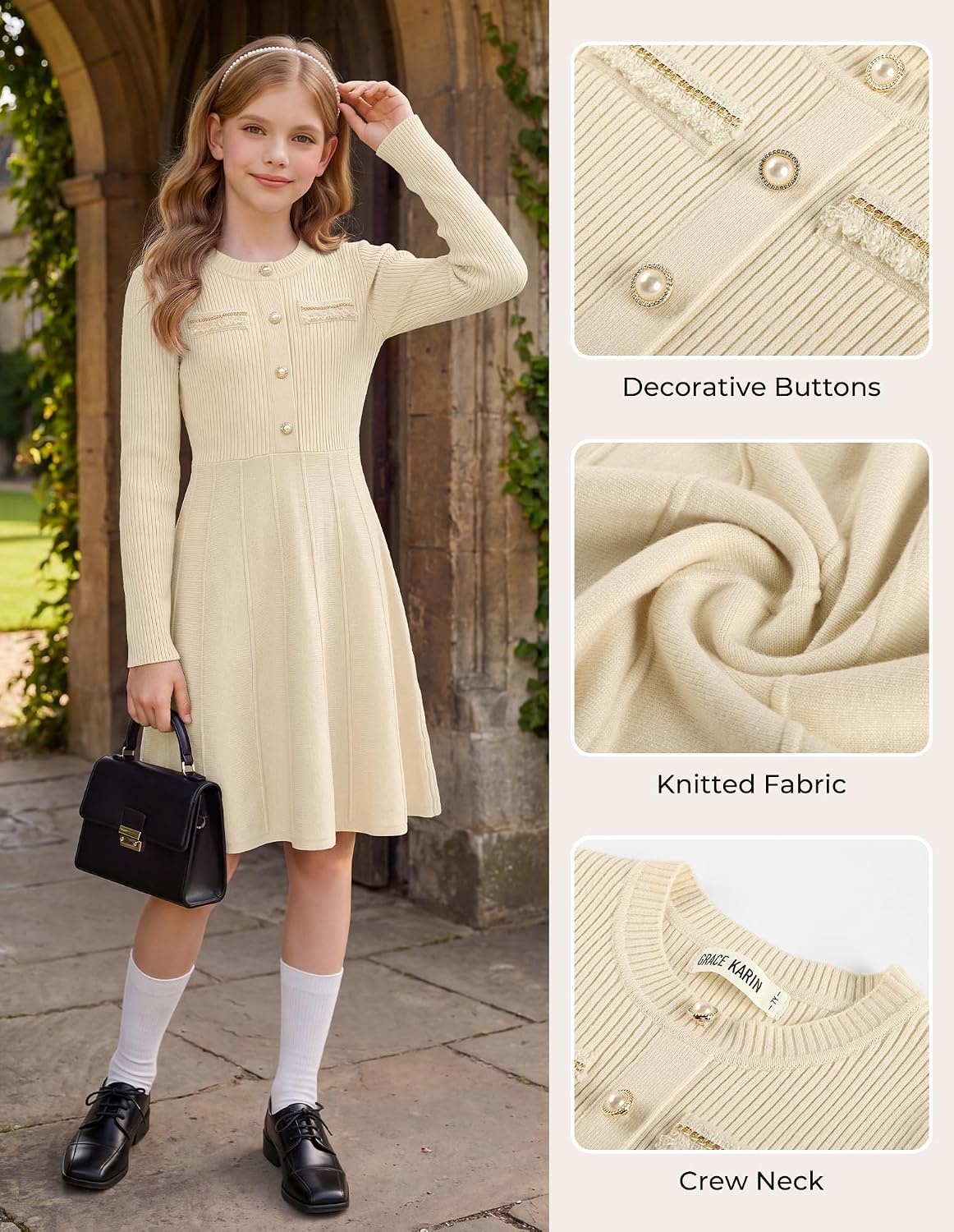 image:imageGRACE KARIN Girls Sweater Dress Long Sleeve Fall Knit Dresses 714 YearsOyster White