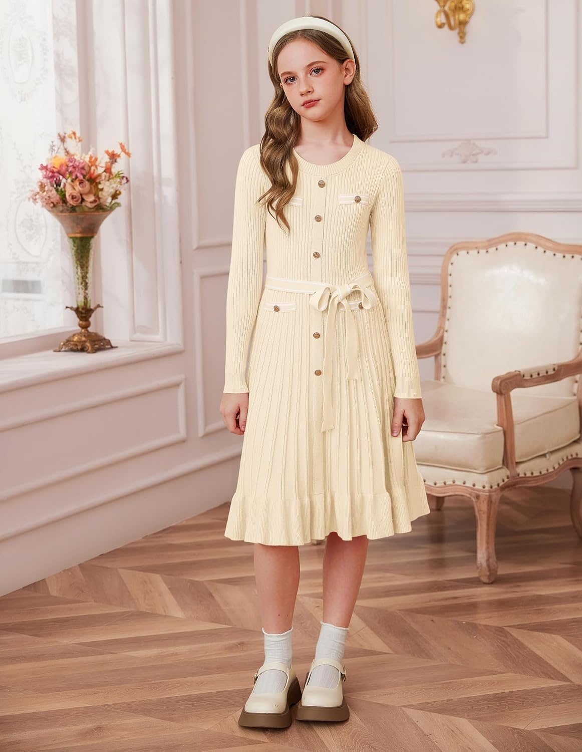 image:imageGRACE KARIN Girls Sweater Fall Winter Uniform Christmas Teen Dress 616Cream