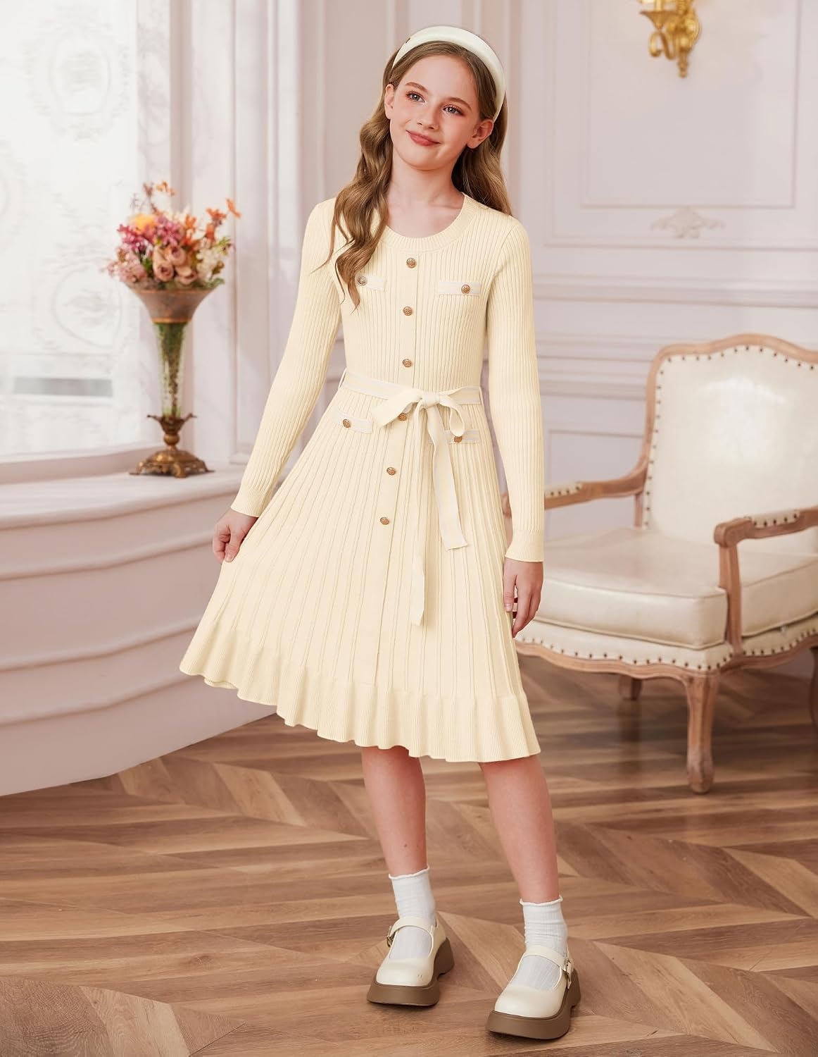 image:imageGRACE KARIN Girls Sweater Fall Winter Uniform Christmas Teen Dress 616Cream