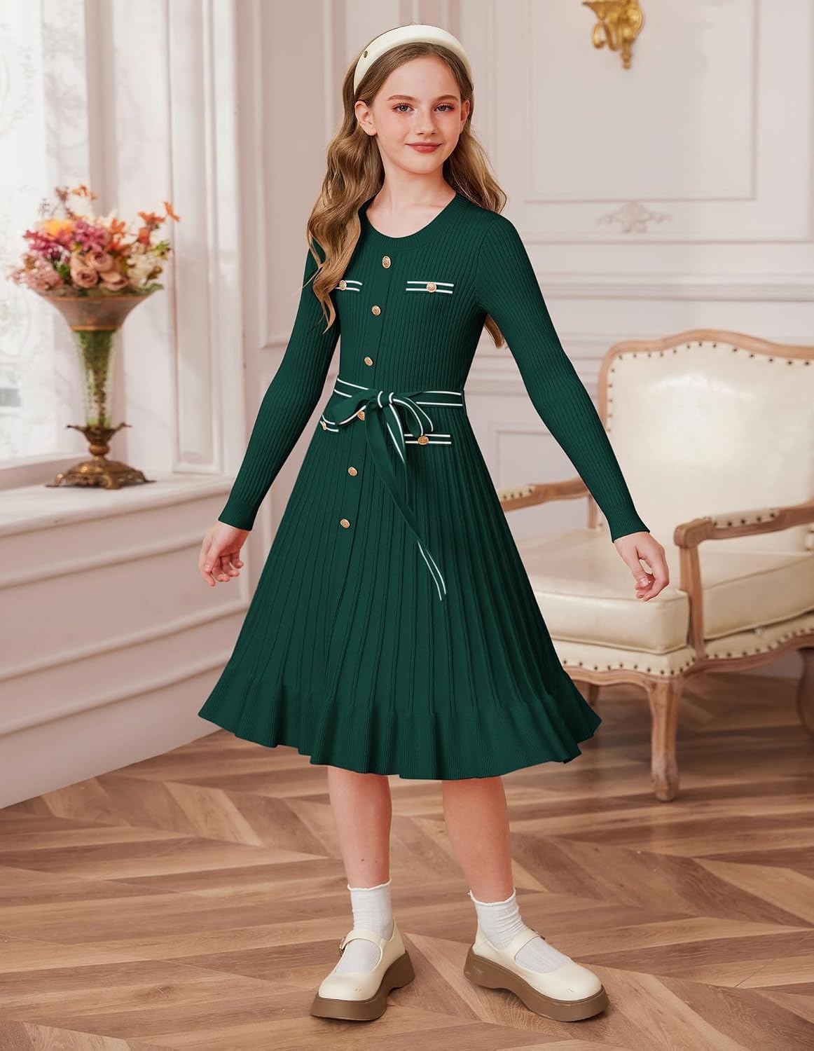 image:imageGRACE KARIN Girls Sweater Fall Winter Uniform Christmas Teen Dress 616Green