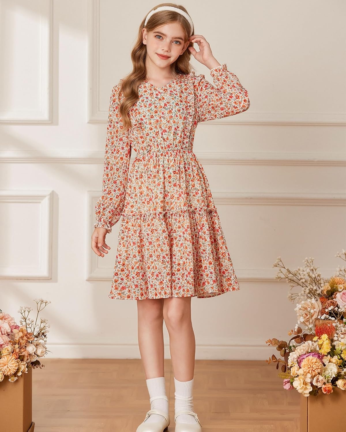 image:imageGRACE KARIN Girls VNeck Floral Dresses 614Y Kids Long Sleeve Casual Fall Winter Christmas Holiday Hawaiian Flower DressApricot Orange Floral
