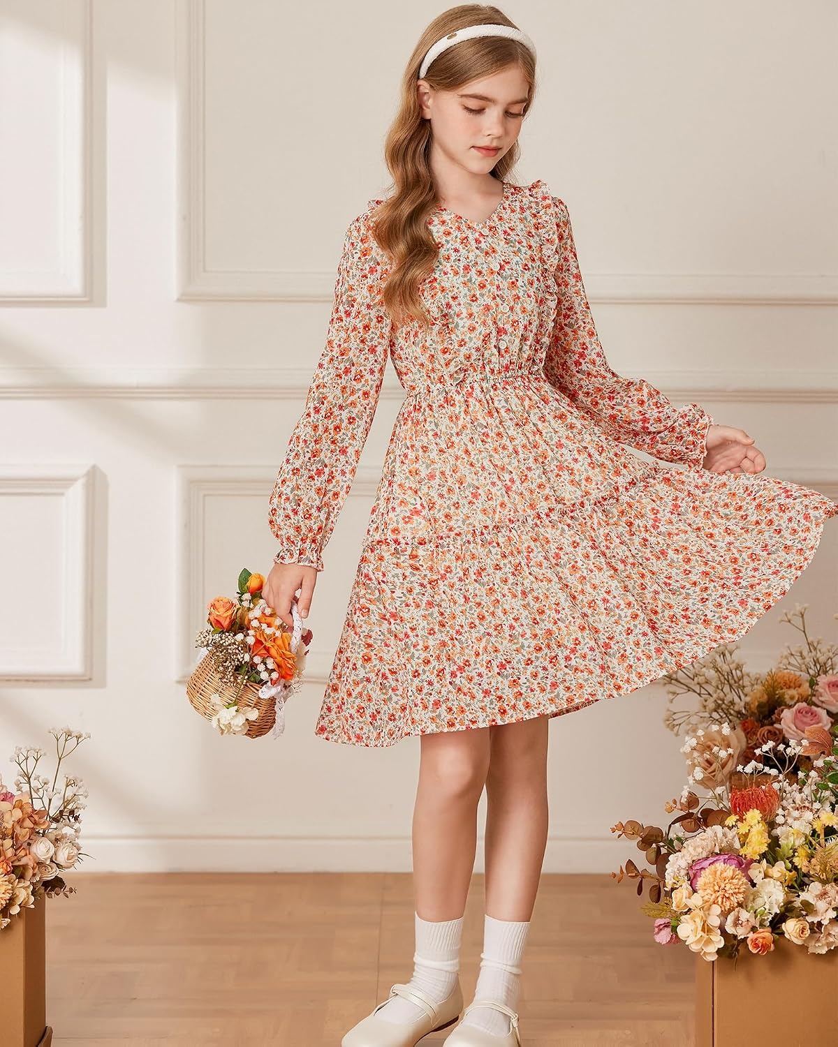 image:imageGRACE KARIN Girls VNeck Floral Dresses 614Y Kids Long Sleeve Casual Fall Winter Christmas Holiday Hawaiian Flower DressApricot Orange Floral