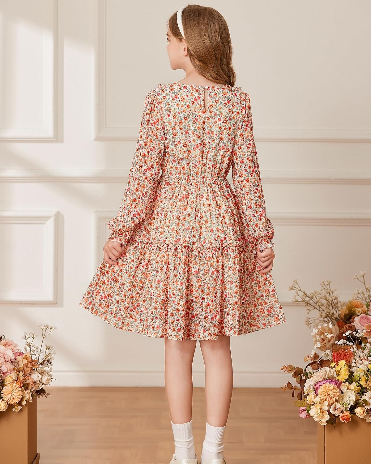 image:imageGRACE KARIN Girls VNeck Floral Dresses 614Y Kids Long Sleeve Casual Fall Winter Christmas Holiday Hawaiian Flower DressApricot Orange Floral