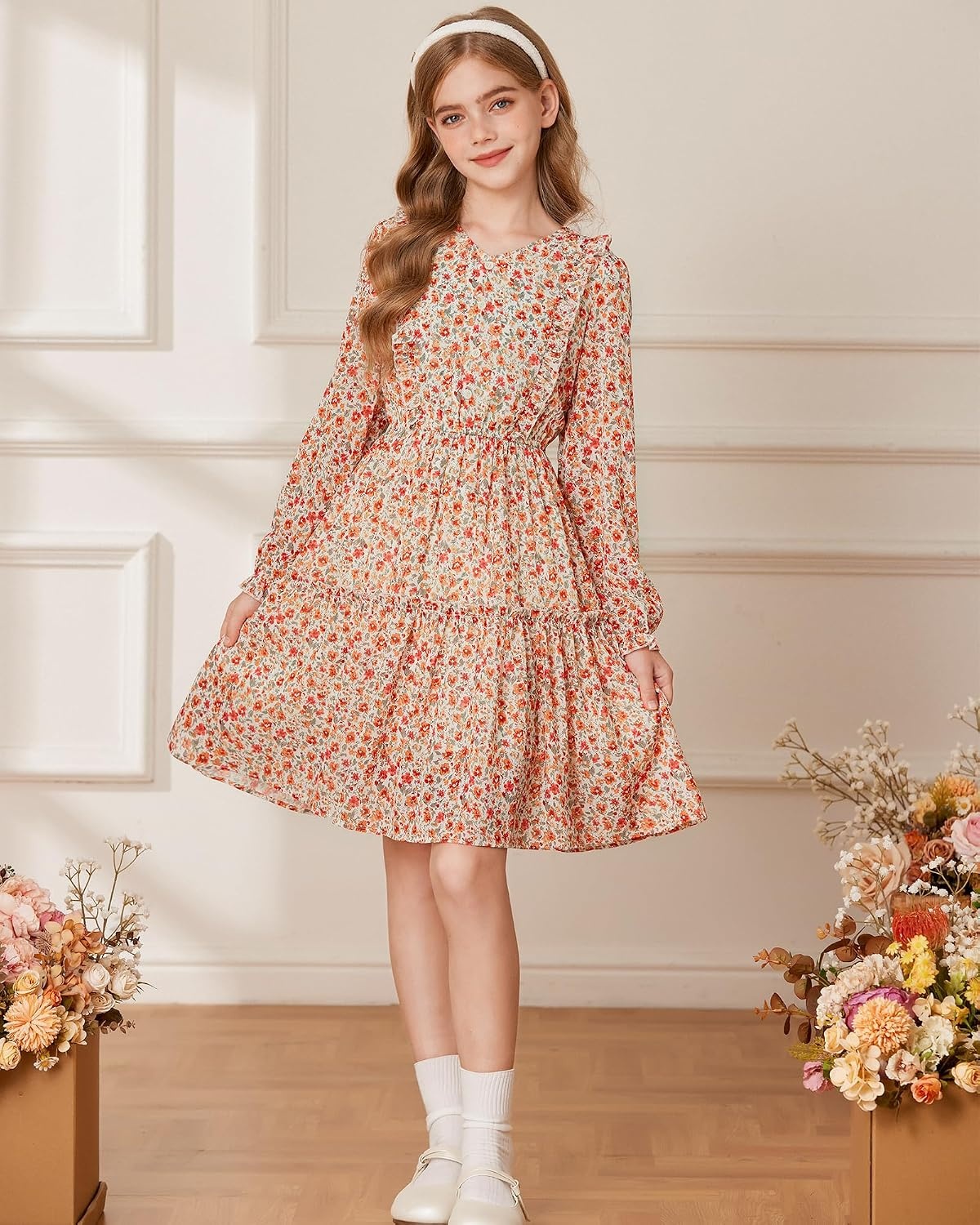 image:imageGRACE KARIN Girls VNeck Floral Dresses 614Y Kids Long Sleeve Casual Fall Winter Christmas Holiday Hawaiian Flower DressApricot Orange Floral