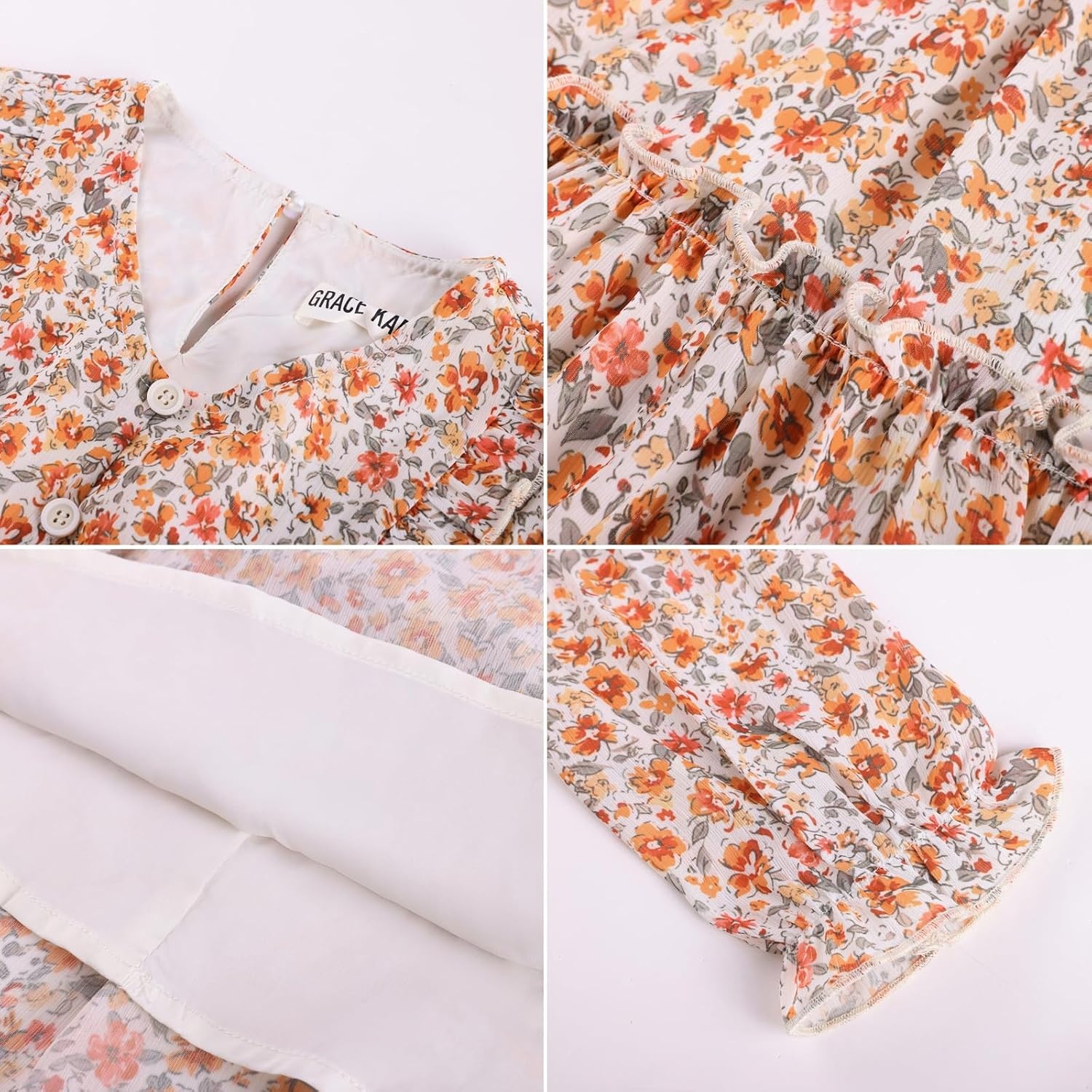 image:imageGRACE KARIN Girls VNeck Floral Dresses 614Y Kids Long Sleeve Casual Fall Winter Christmas Holiday Hawaiian Flower DressApricot Orange Floral