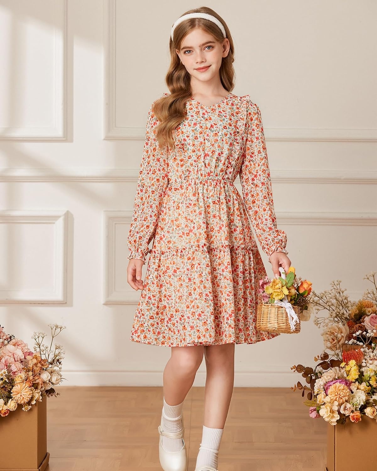 image:imageGRACE KARIN Girls VNeck Floral Dresses 614Y Kids Long Sleeve Casual Fall Winter Christmas Holiday Hawaiian Flower DressApricot Orange Floral