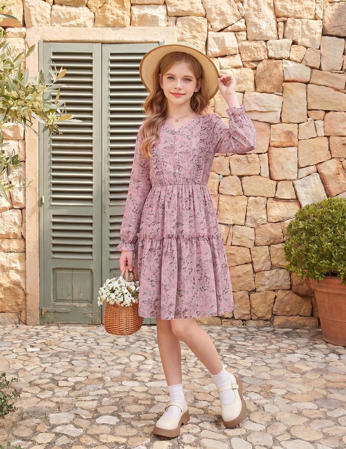 image:imageGRACE KARIN Girls VNeck Floral Dresses 614Y Kids Long Sleeve Casual Fall Winter Christmas Holiday Hawaiian Flower DressLight Pink Floral