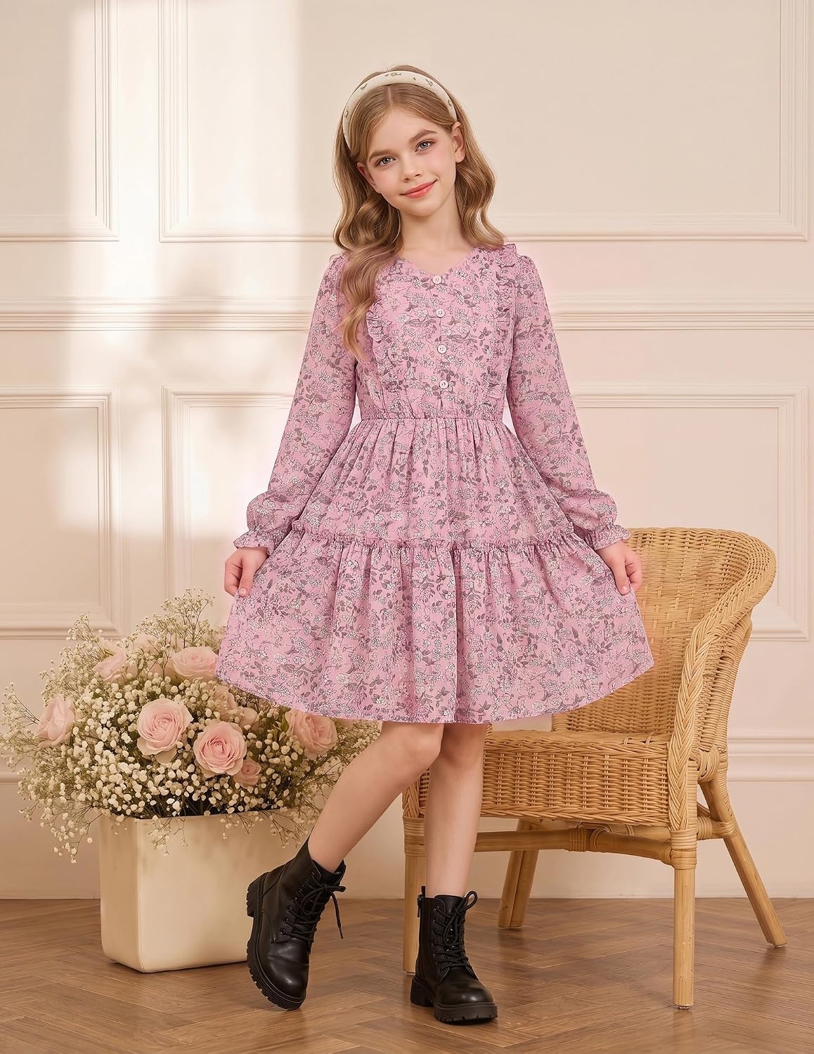 image:imageGRACE KARIN Girls VNeck Floral Dresses 614Y Kids Long Sleeve Casual Fall Winter Christmas Holiday Hawaiian Flower DressLight Pink Floral